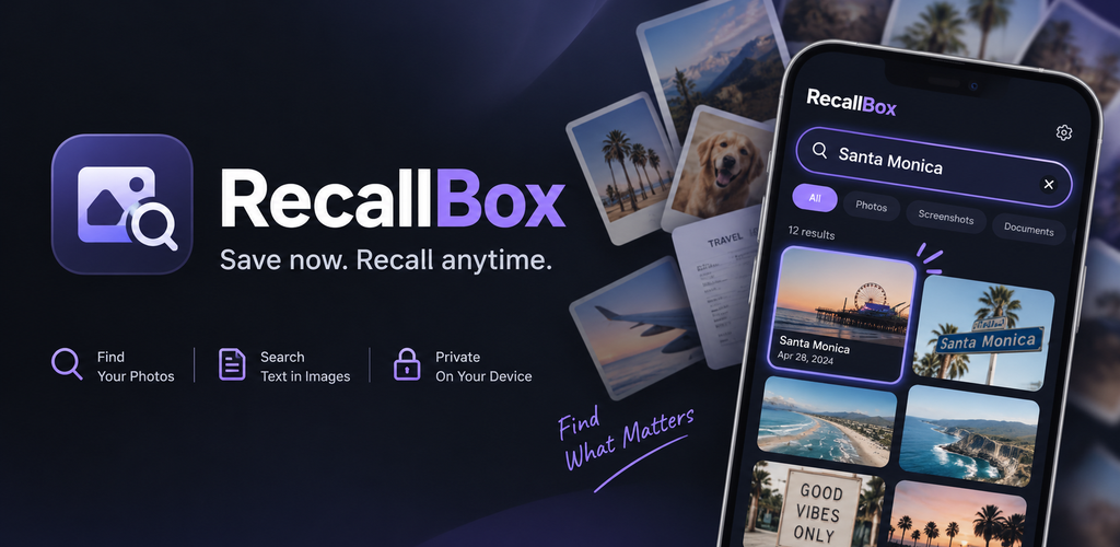 RecallBox app graphic showing searchable images on a phone
